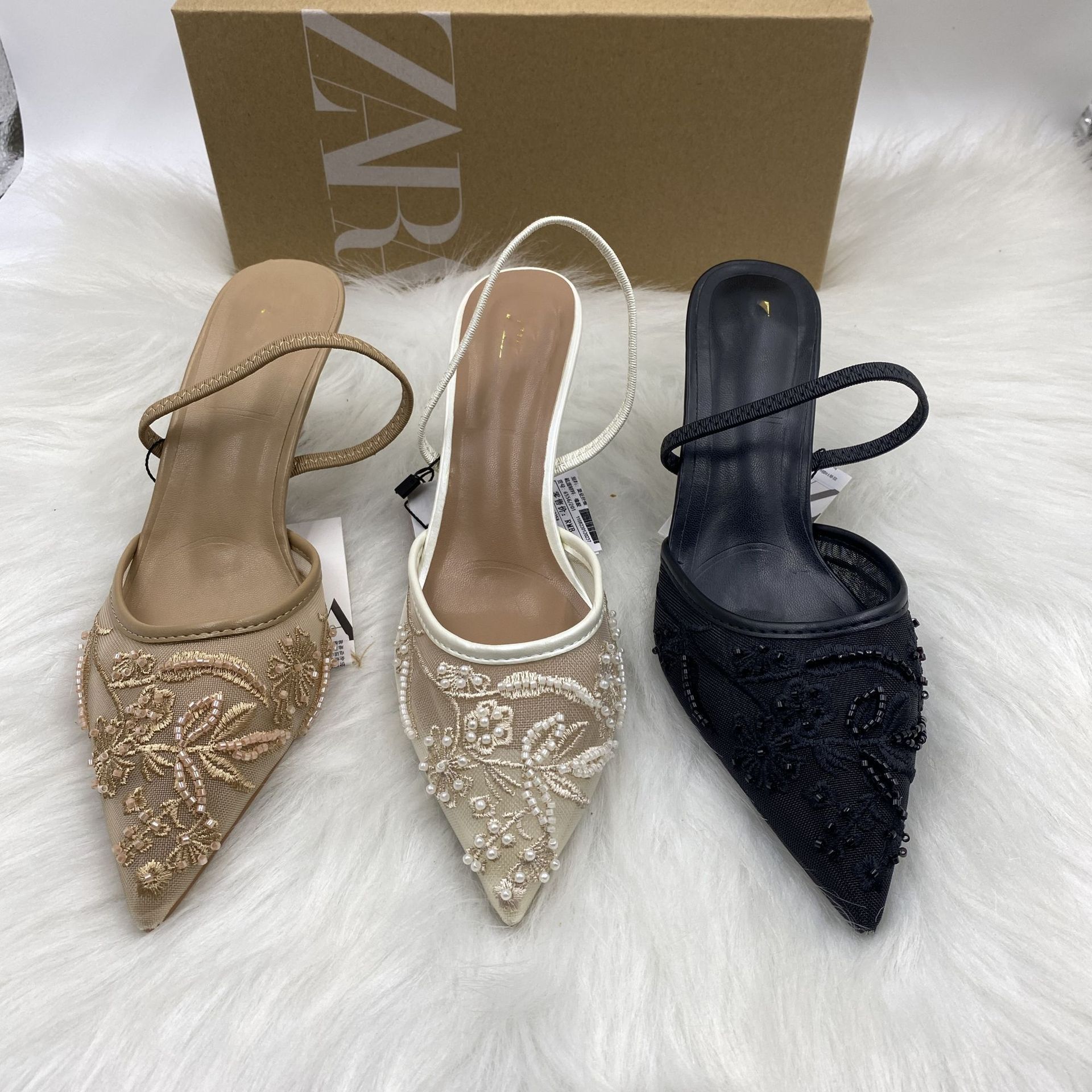 ZA Mesh Embroider Pointed Toe Heels