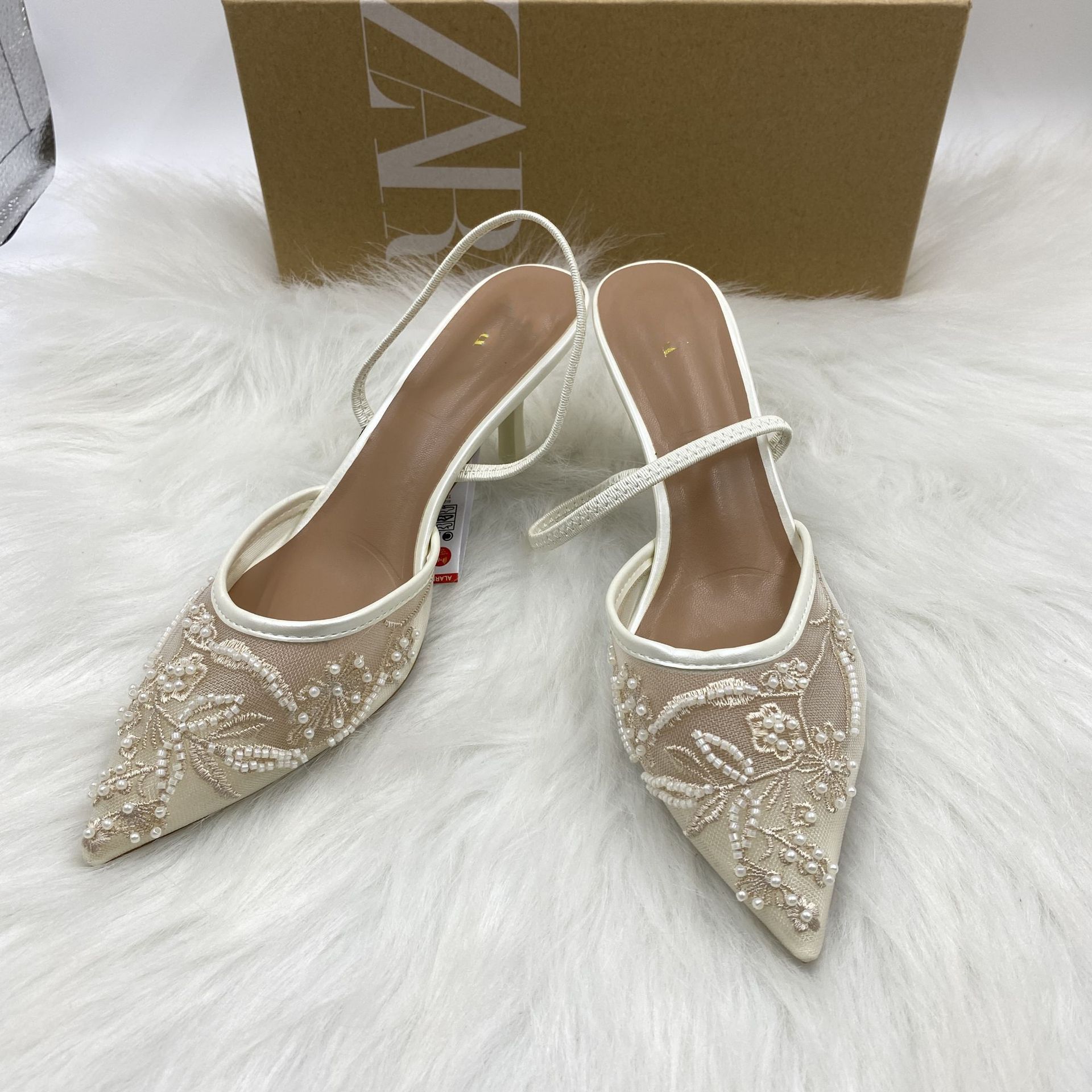 ZA Mesh Embroider Pointed Toe Heels