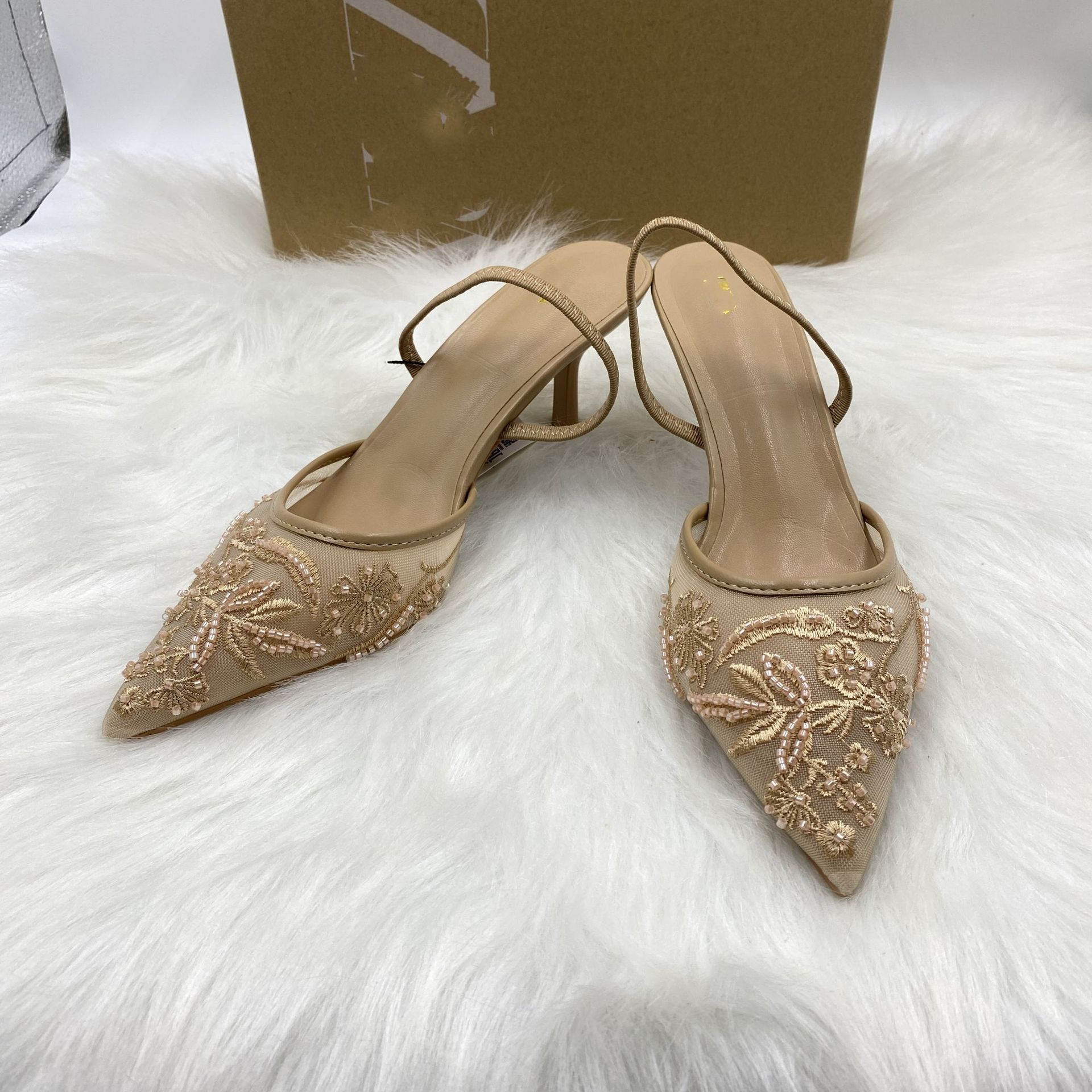 ZA Mesh Embroider Pointed Toe Heels