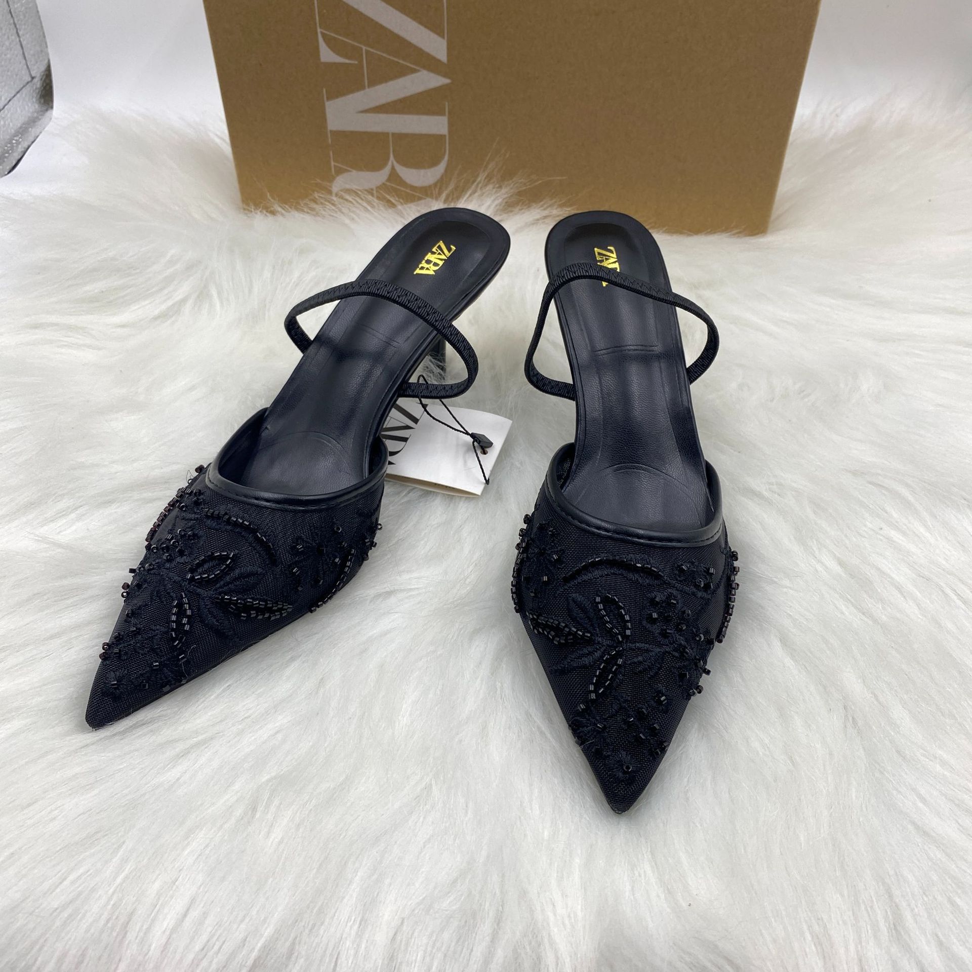 ZA Mesh Embroider Pointed Toe Heels
