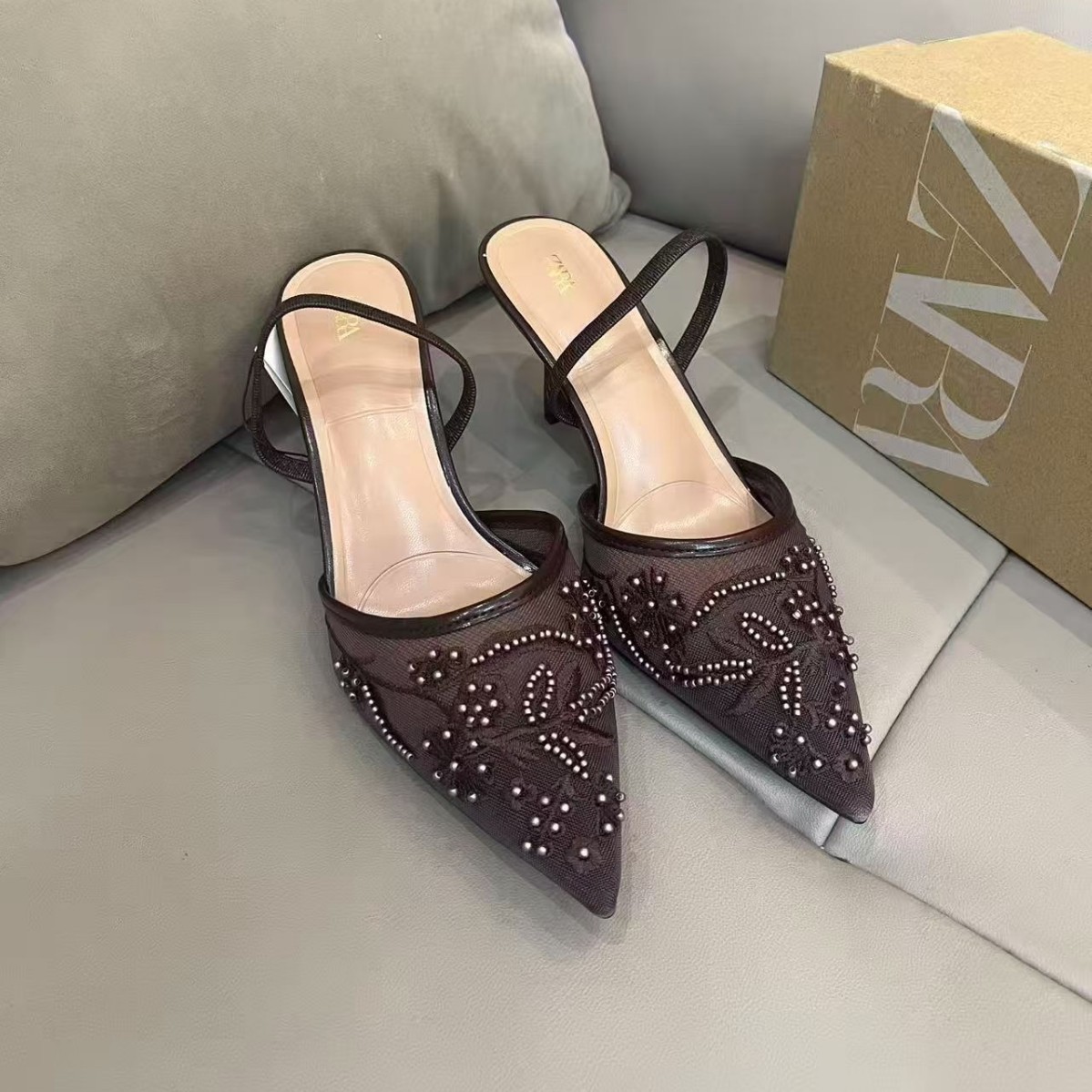 ZA Mesh Embroider Pointed Toe Heels