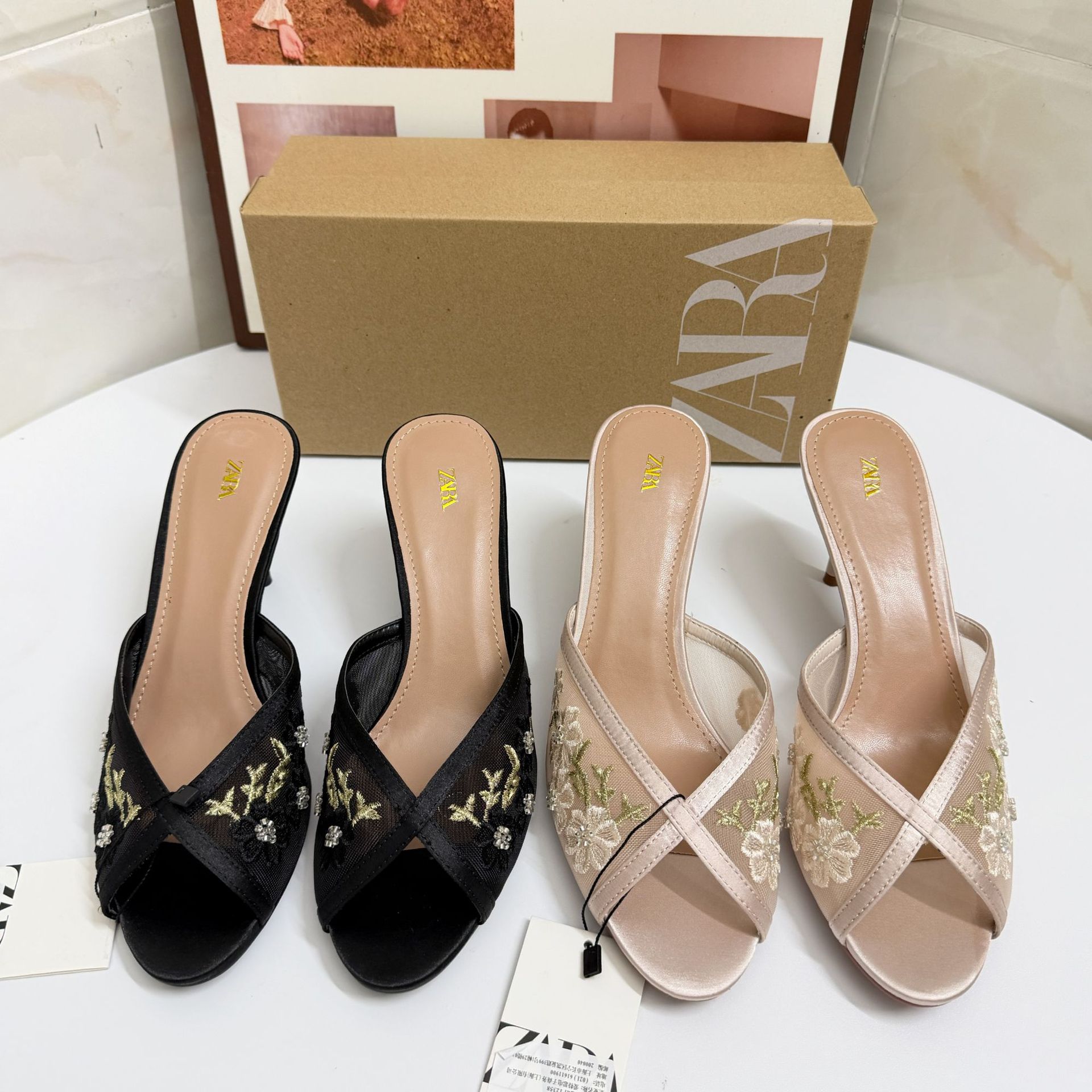 Elegant Embroidered Mesh Mule Heels