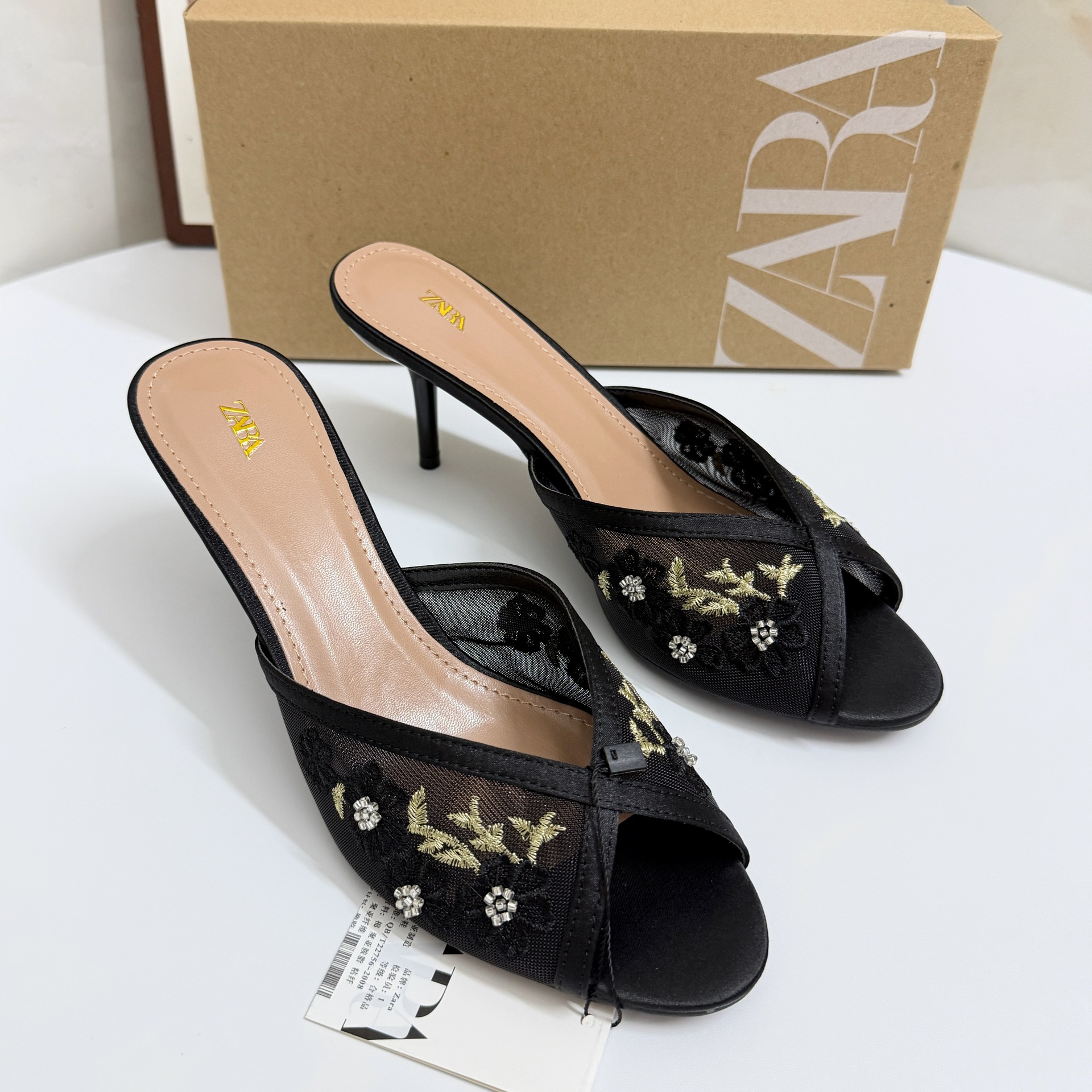 Elegant Embroidered Mesh Mule Heels
