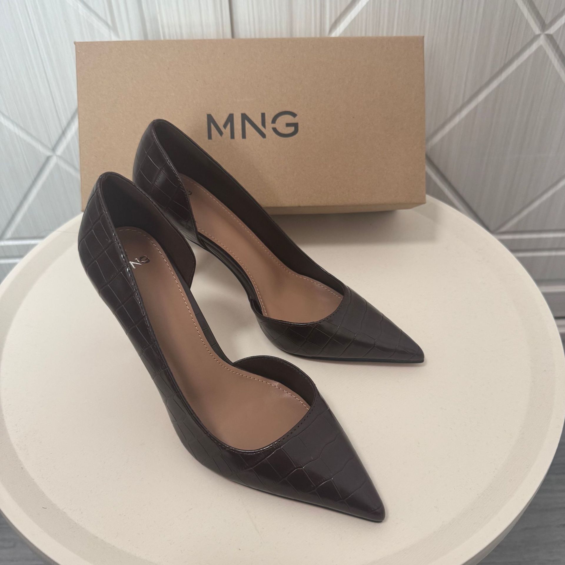 MNG Croc Texture Pointed Toe Stiletto Heels