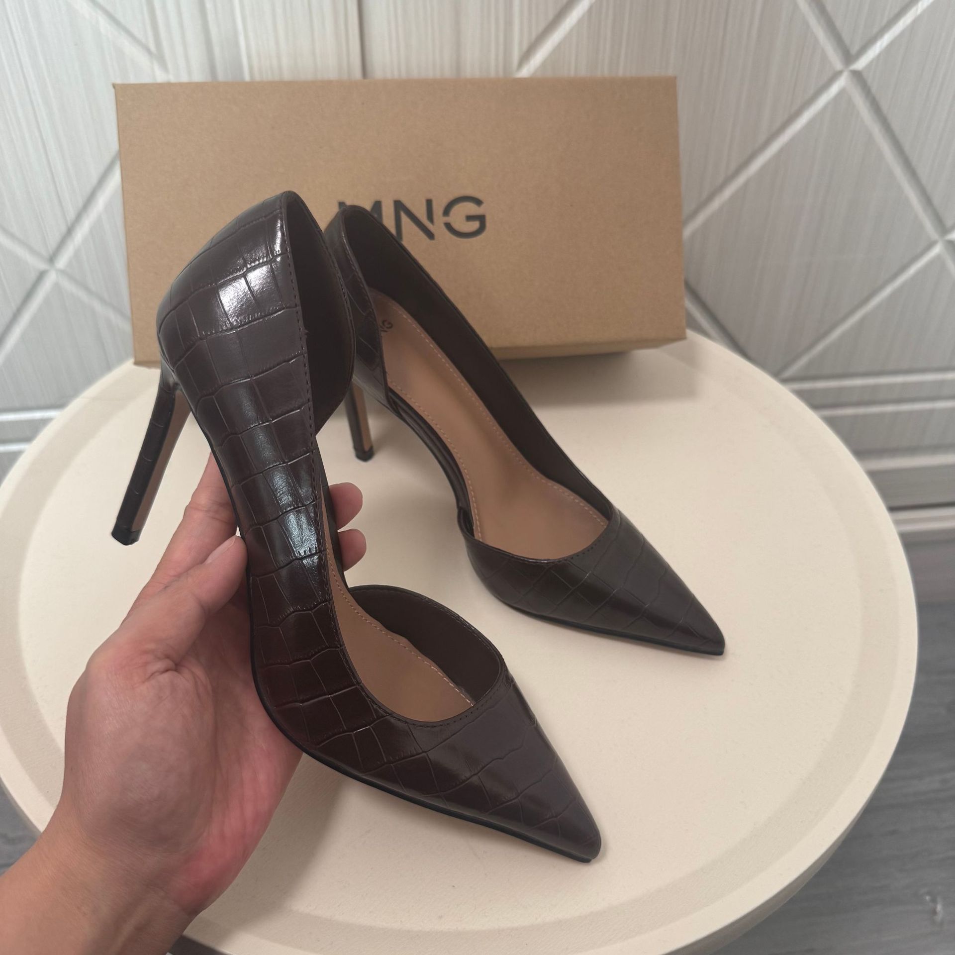 MNG Croc Texture Pointed Toe Stiletto Heels