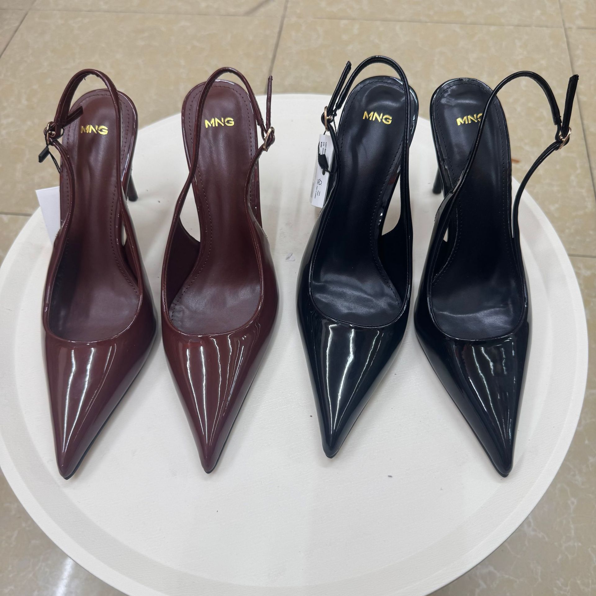 MNG Paris Patent Pointed Slingback Heels