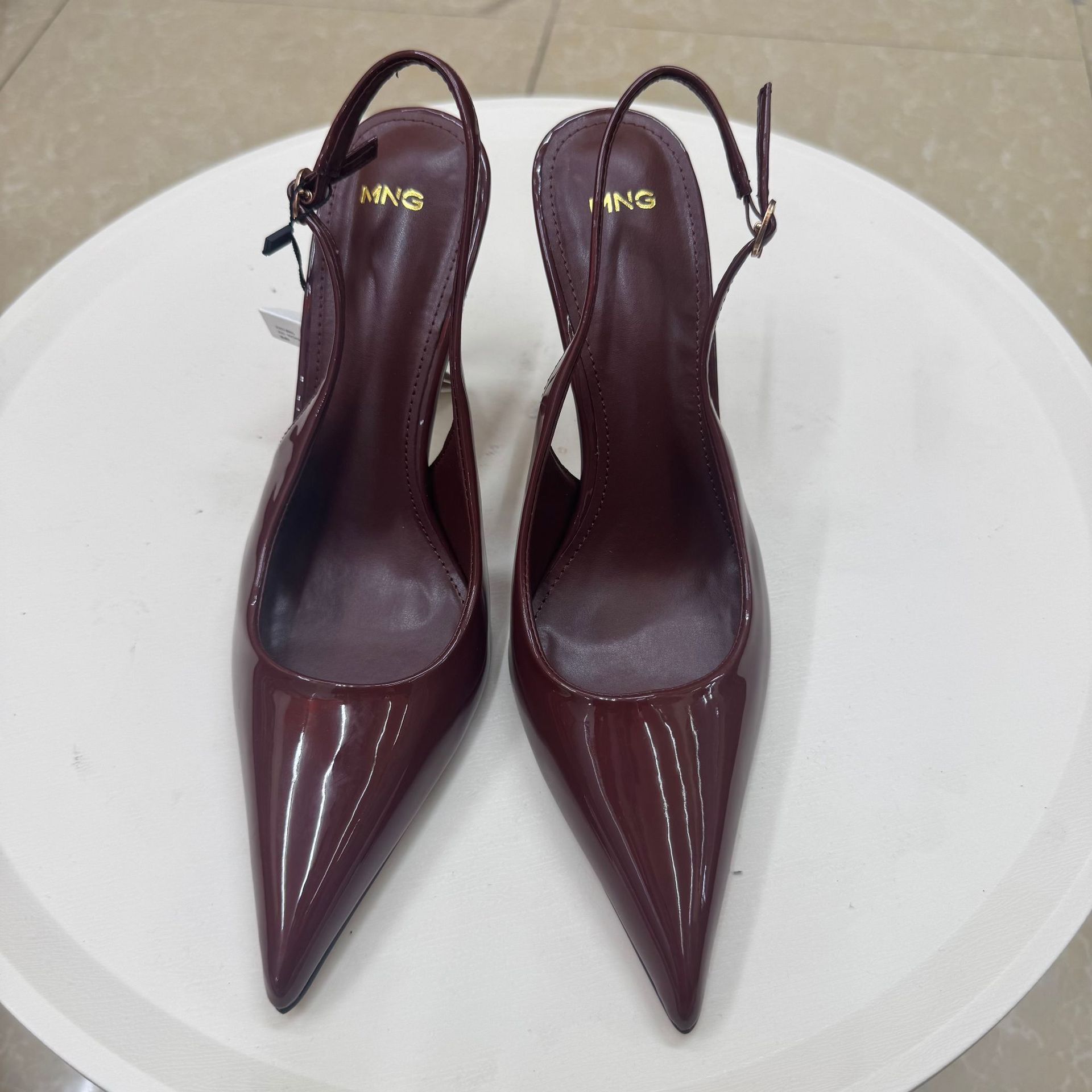 MNG Paris Patent Pointed Slingback Heels