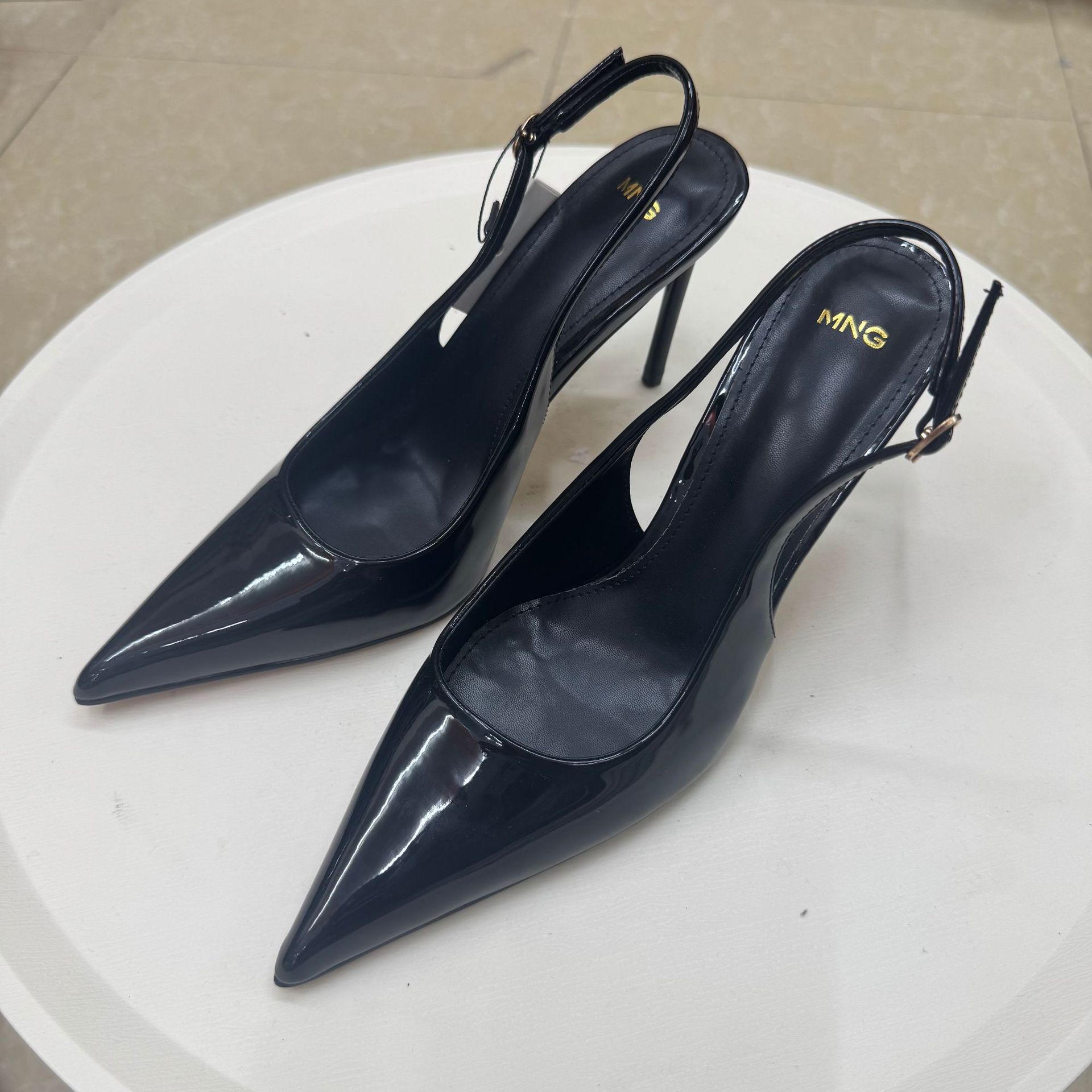 MNG Paris Patent Pointed Slingback Heels