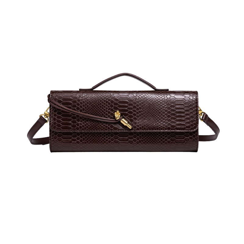 Snake Embossed Baguette Bag coffe